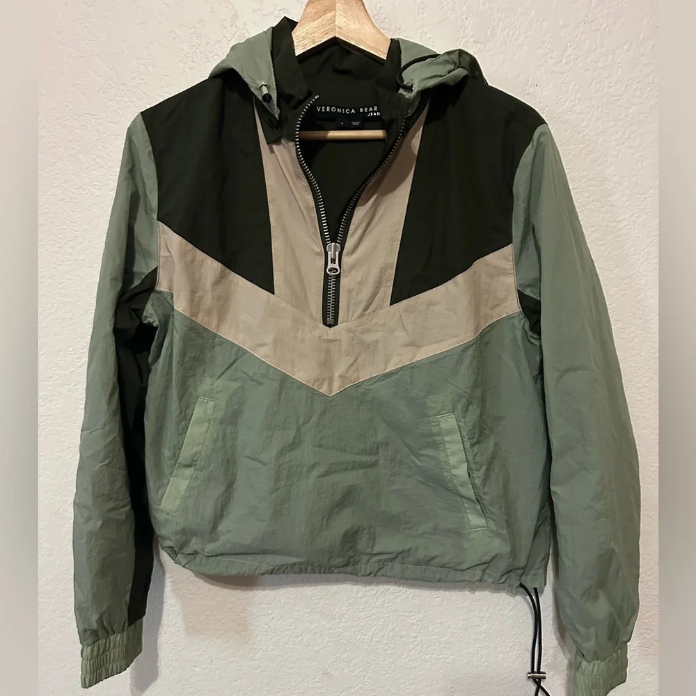 Veronica Beard Avery Half Zip Hooded Green and Cream Utility Jacket - Size Small - Picture 3 of 12